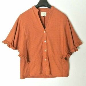 Tina Jo Brown Bat Sleeve V Neck Eyelet Top M